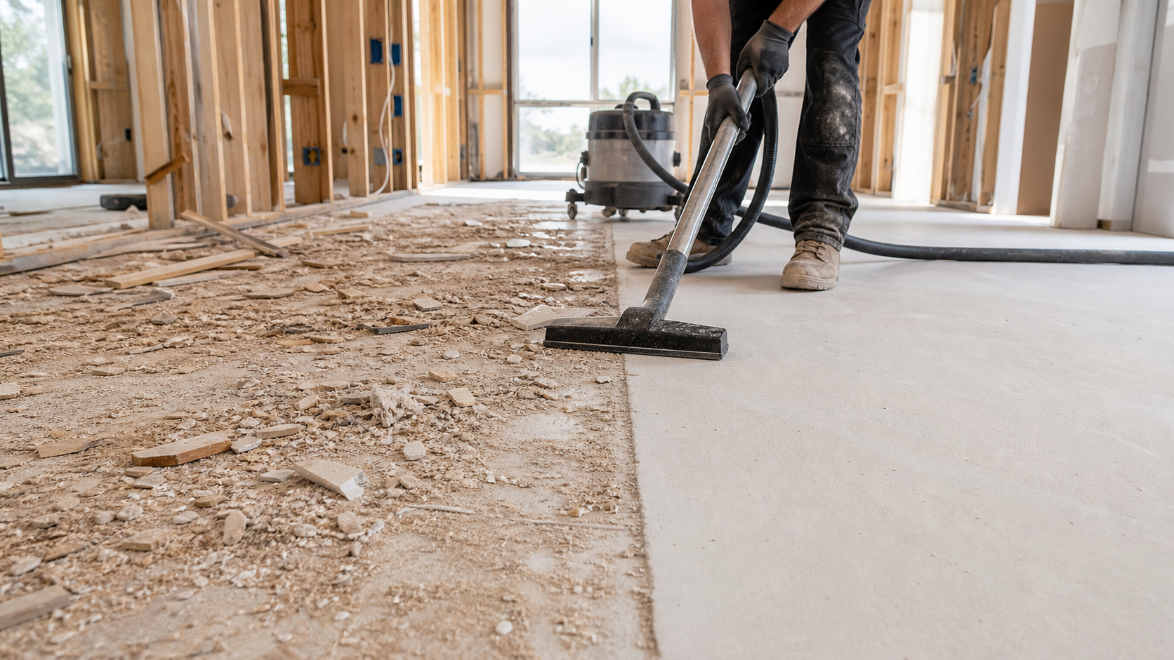 Hyper-realistic construction cleaning hero image for Pre Clean vs Rough Clean for Builders