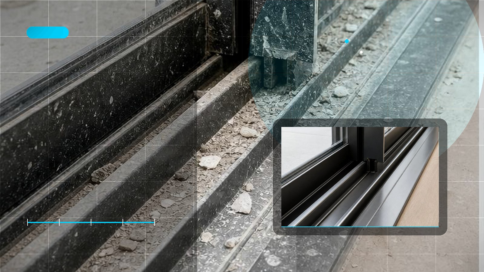 Hyper-realistic construction cleaning hero image for Window Tracks, Door Tracks and the Stuff That Fails PCI