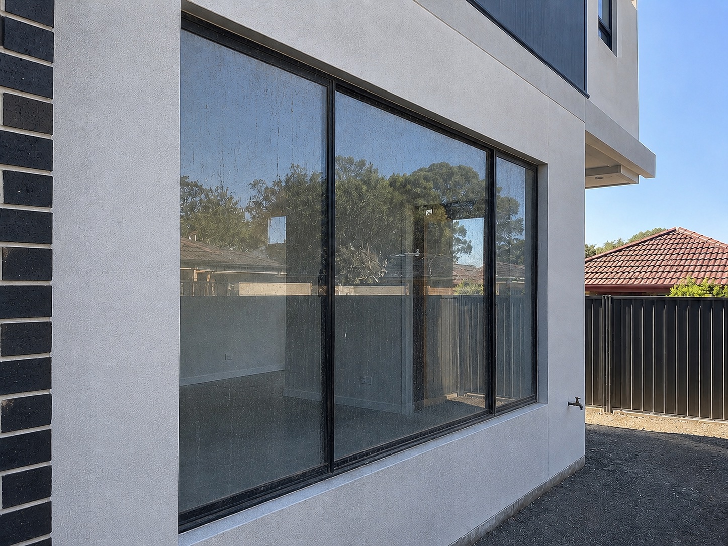 Exterior window glass marked by construction dust and water residue before cleaning