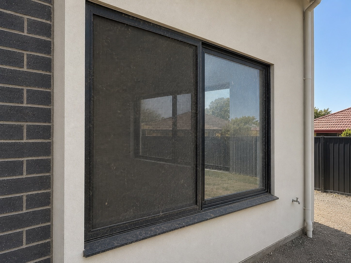 Dusty external window screen and frame before a construction clean