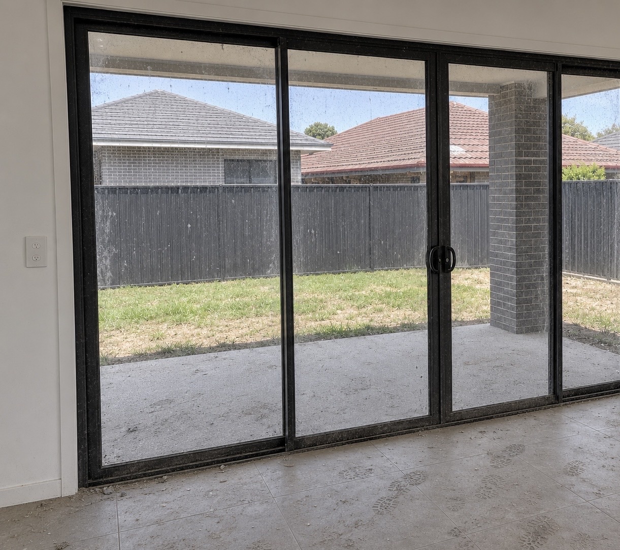 Sliding glass doors covered with construction dust before handover cleaning